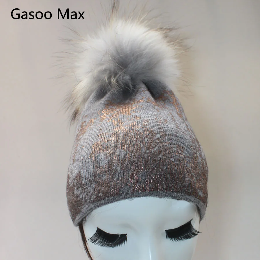 Шапка бини 2017 Женская Золотая и серебряная металлическая шапка с помпоном из