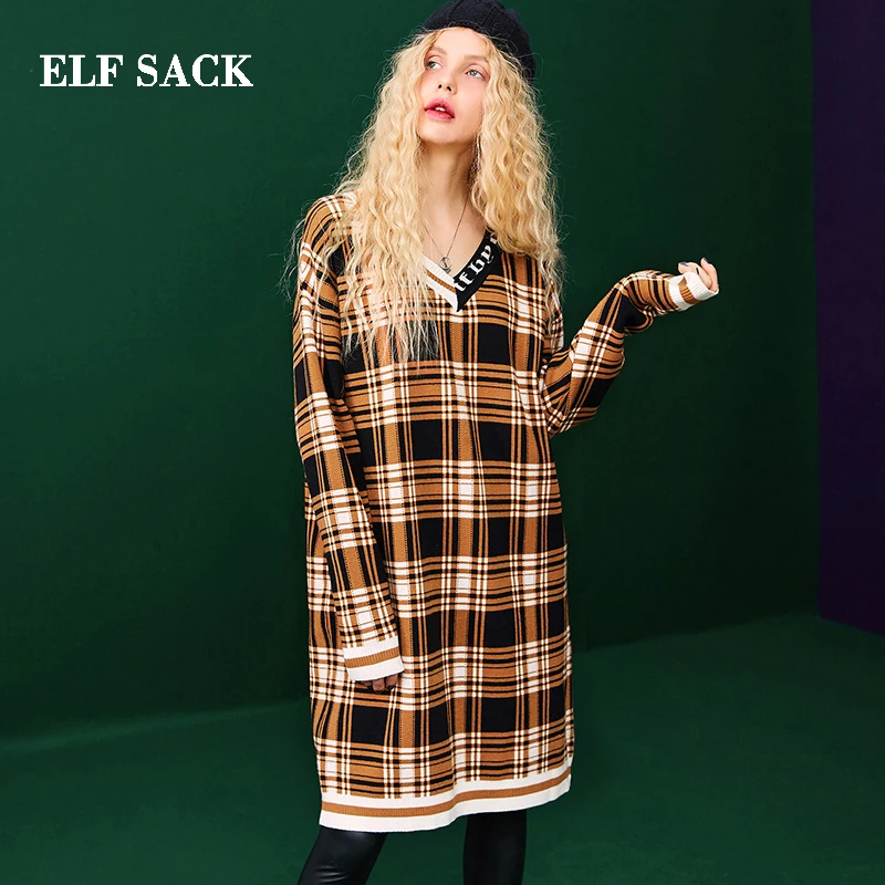 Женское клетчатое платье ELF SACK повседневное Хлопковое до колена с треугольным