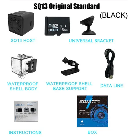 SQ13 Black 16G Card Мини-камера SQ11 SQ13 SQ12 SQ8 Full HD широкоугольная Спортивная микро-видеокамера с детектором движения видеомагнитофон с 16 Гб SD картой - Цвет: SQ13 Black 16G Card