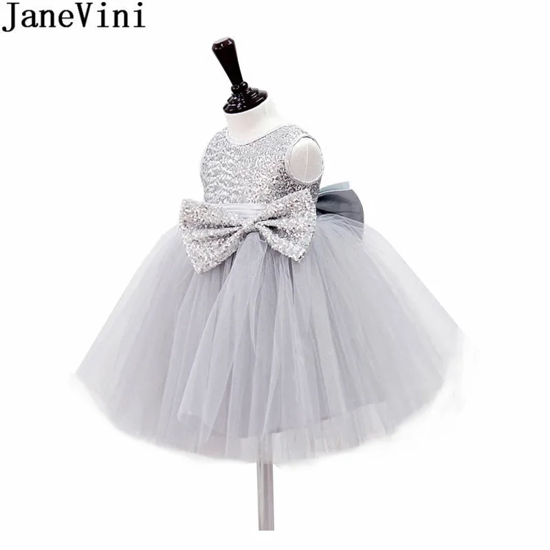 

JaneVini Bling Silver Sequined Top Kids Prom Dress Gray Ball Gowns Big Bow Flower Girl Dresses Short Tulle Christmas Party Gowns