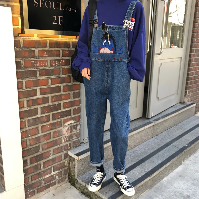 Женские комбинезоны, свободные, студенческие, с карманами, Kawaii, BF, Harajuku, женские, s, милые, шикарные, Мультяшные, с вышивкой, Ulzzang, джинсовые брюки на лямках - Цвет: blue
