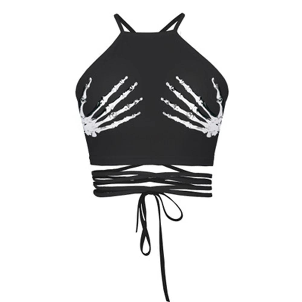 

Punk Skull Vest Black Digital Print Summer Sleeveless Camis Sexy Women Bustier Crop Tops Two hands Tank Tops