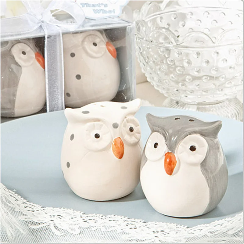 24pcs=12sets/lot Wedding Favors and Gifts Baby Shower Gray and White Color Owl Ceramic Salt and Pepper Shaker Free Shipping