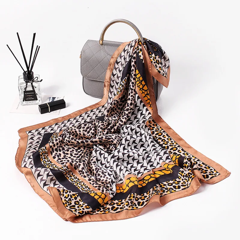 

Yishine 70x70CM Hot New Silk Scarf Sexy Leopard Prints Women Luxury Shawl Satin Small Squares Head Bag Decorative Scarves