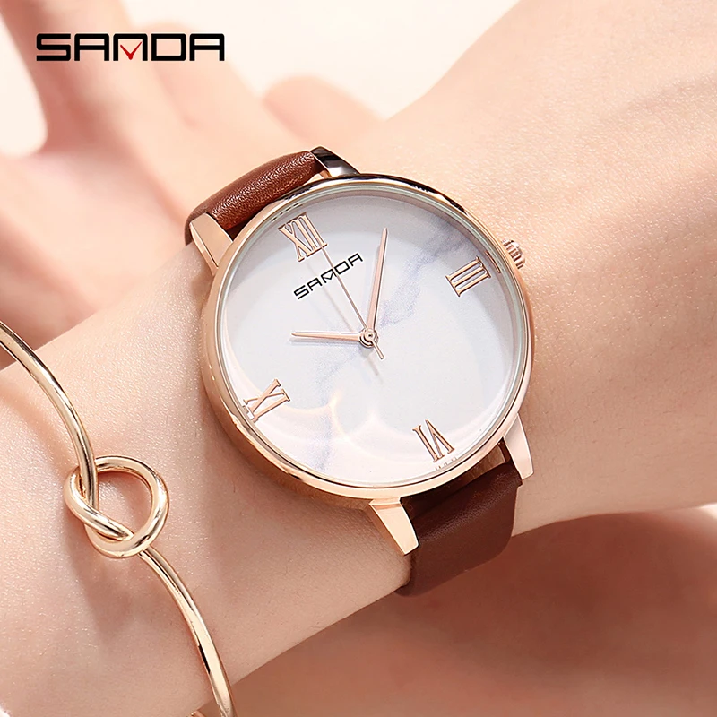

SANDA Simple Marble Dial Watches Women Fashion Dress Watch Small Bracelet Leather Female Clock Brand Ladies Wristwatches White