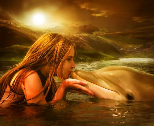 Girl kissing dolphin water diamond Painting Cross Stitch embroidery flores diamonds wall stickers home decor | Дом и сад