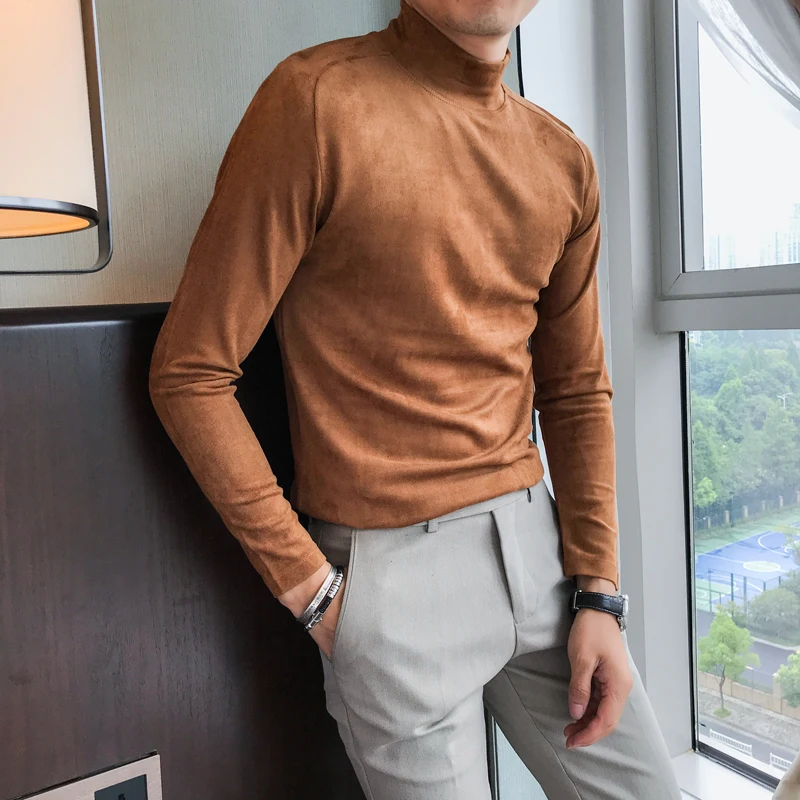 Brand New Men T-Shirt Fashion 2018 Autumn Winter Suede Warm T Shirts Mens Long Sleeve Slim Fit Half High Collar Tee Shirt Homme | Мужская
