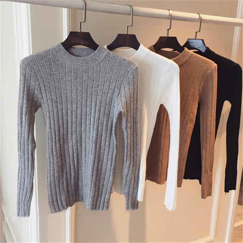 Women Essential Tops Solid Crew Neck Long Sleeve Knitted Ribbed Pullovers Basic Sweater | Женская одежда