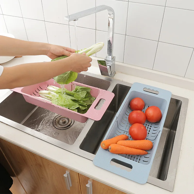 

Kitchen Relaxable Sink Hollow Leachate Receiving Basket Multi purpose Straw Fruit And Vegetable Shelves Washing Movable Shelf