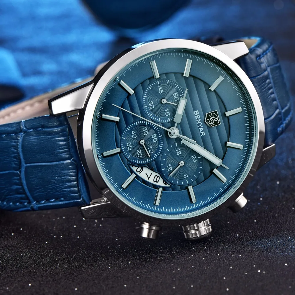 

BENYAR Quartz Watches Men Chronograph Waterproof Watches Business Sport Design Leather Band Strap Wrist Watch for Men