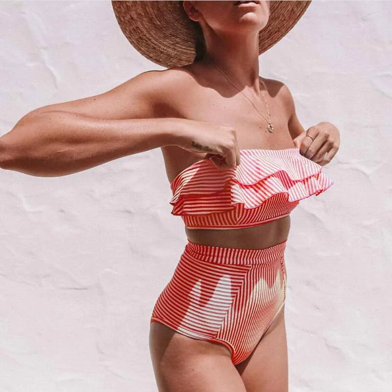 2019 High Quality Ruffles Waist Stripe Print Tube Top Swimwear Sexy Bikini Women |