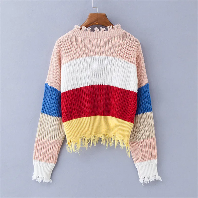 Neploe Rainbow Stripped Fashion Girl Sweater Knitted Tassel Chic Women Pullover 2018 New Auttum V-Neck Sexy Sueter Mujer 68625 | Женская