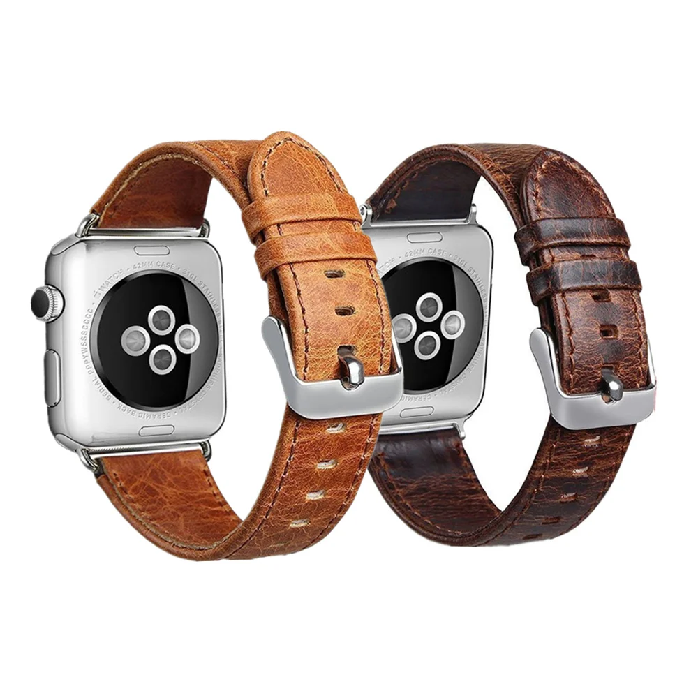 Фото Кожаный ремешок для Apple Watch band 44 мм/40 мм 42 38 браслет из натуральной кожи Crazy пояс с