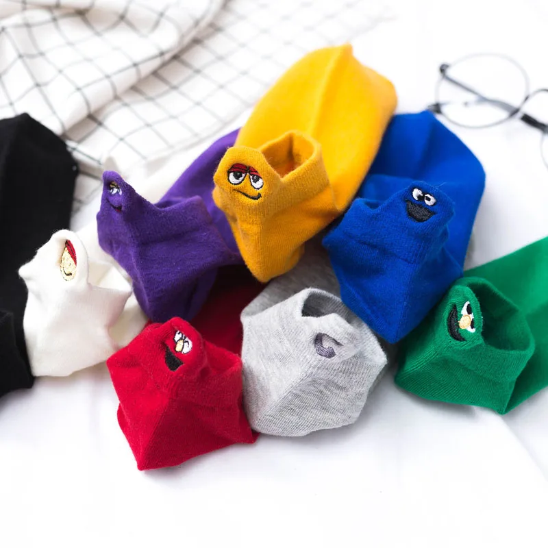 20Pairs/Lot Women Cotton Socks Face Smile Summer Fun Sugar Color Cute Cartoon Wholesale Embroidery Short Solid Casual Ankle Boat
