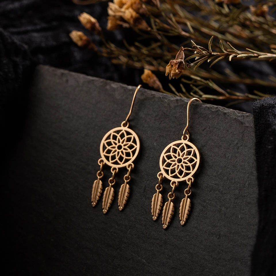 EXYNLON 2019 Fashion tasseled Earrings Anti allergy Bohemian Jewelry for women Leaf eardrop Round carving Catcher network | Украшения и