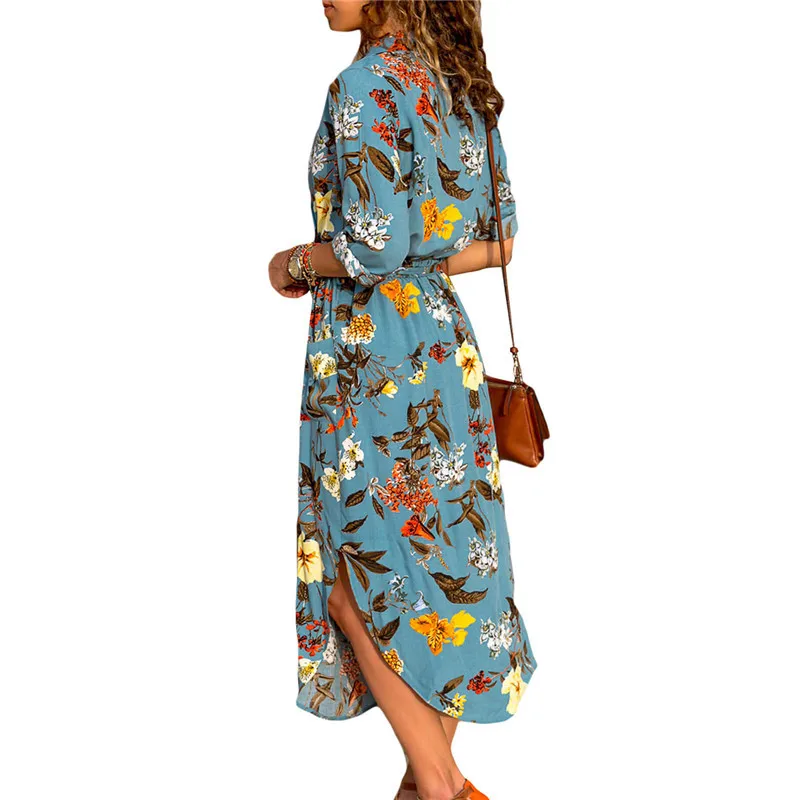 Женское Макси-платье Модное Длинное Платье Boho с цветочным принтом в полоску Макси платье с отложным воротником Бандажное элегантное платье Vestido NS8974
