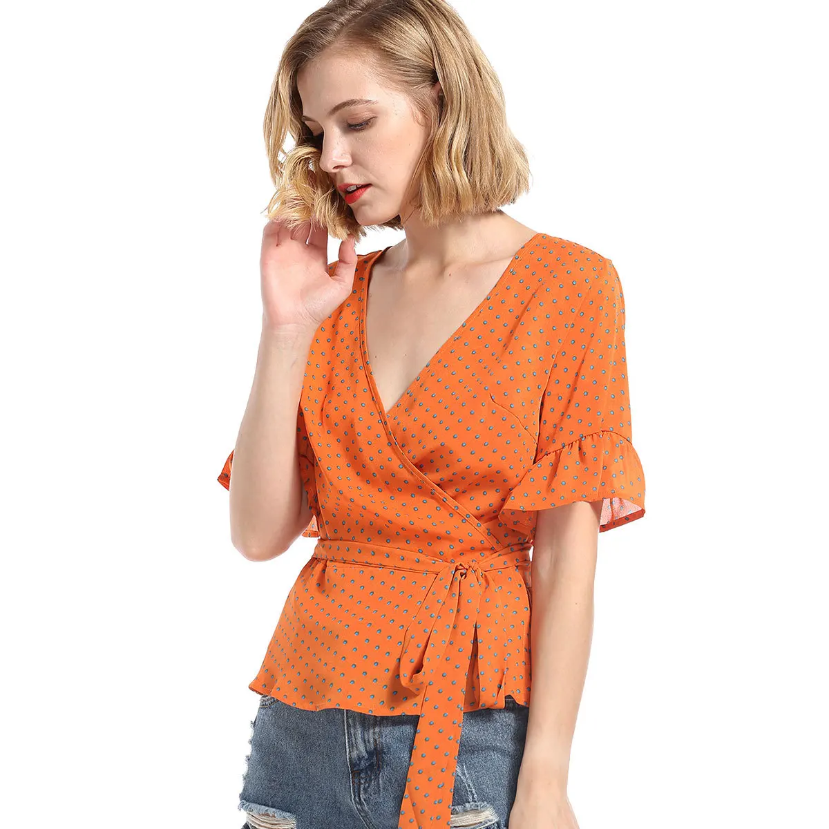 Труба рукавом v образным вырезом ремень аксессуары в горошек шифоновая рубашка