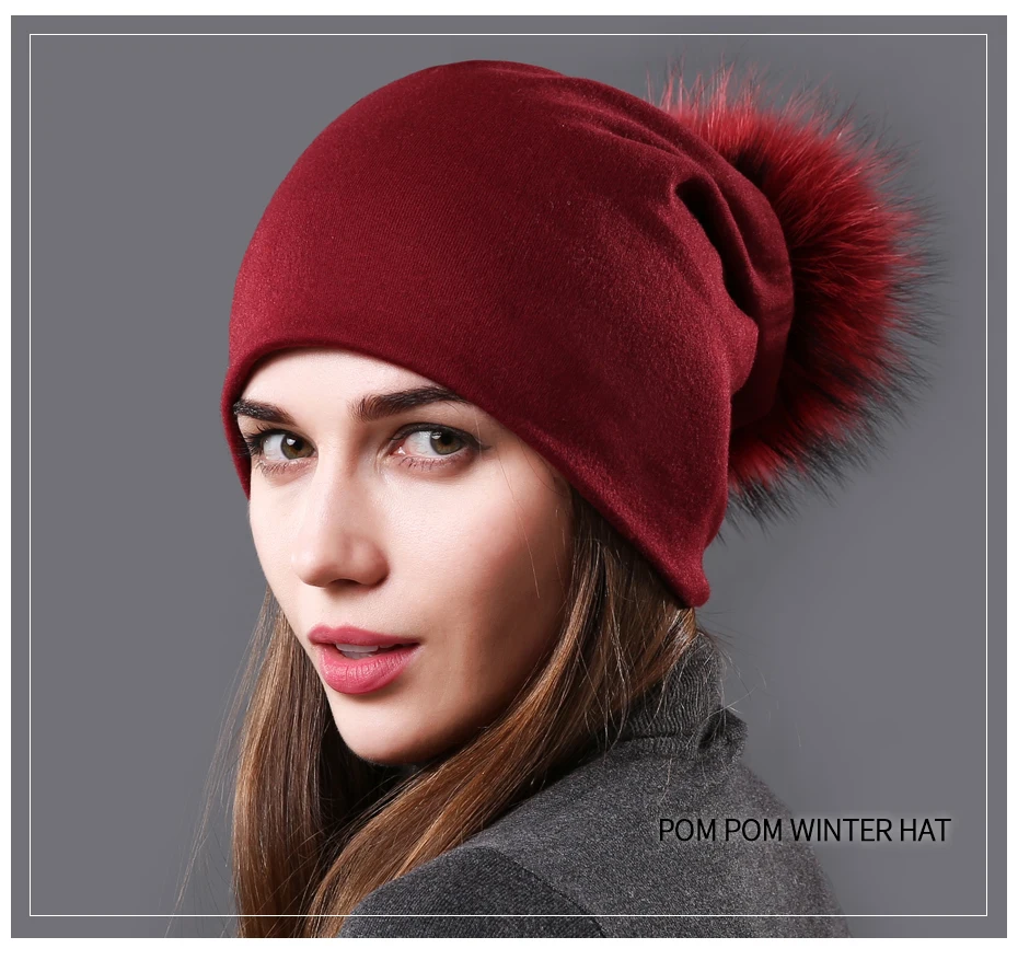 Шапки с помпонами из натурального меха енота, осенние шапки skullies beanies, женские модные однотонные кепки, зимняя теплая Женская хлопковая шапка