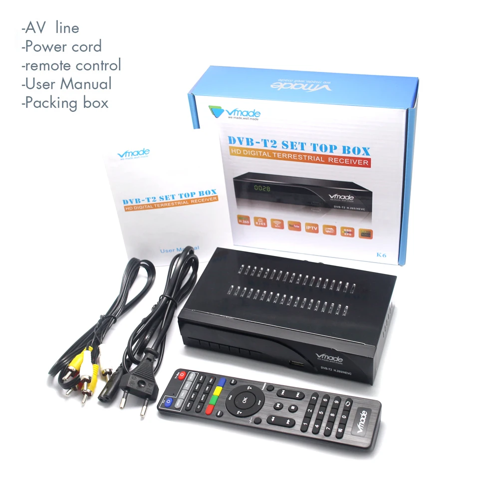 

Vmade DVB-T2 HD Digital Terrestrial Receiver H.265/HEVC DVB T2 TV Tuner Support RJ45 LAN AC3 Audio Hot Sale Europe Set Top Box