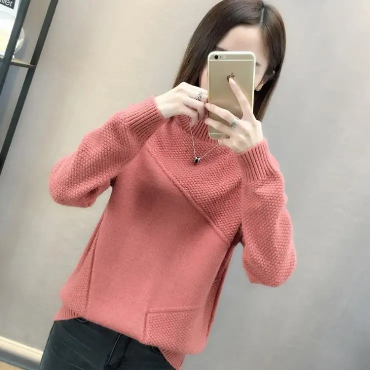 Brick red Новое поступление, зима, корейская модная одежда, Женские повседневные пуловеры, вязанные свободные топы с высоким воротом, толстый фиолетовый свитер D659 - Цвет: Brick red