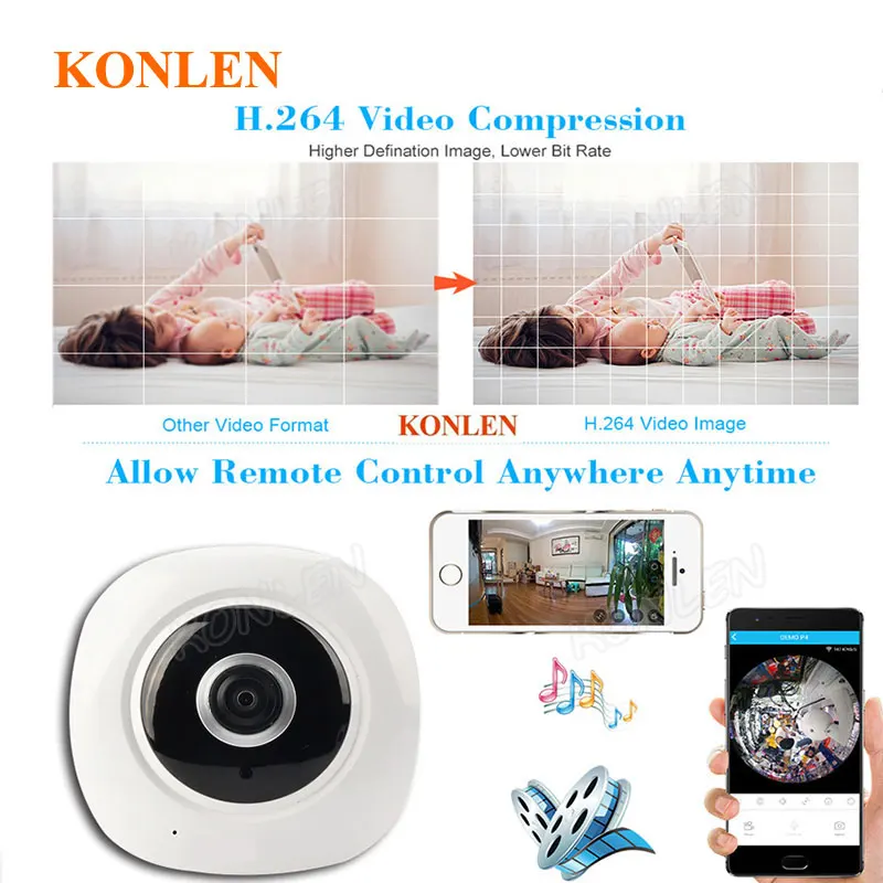 KONLEN 3MP Беспроводная рыбий глаз Домашняя безопасность VR ip-камера Смарт wifi HD 360