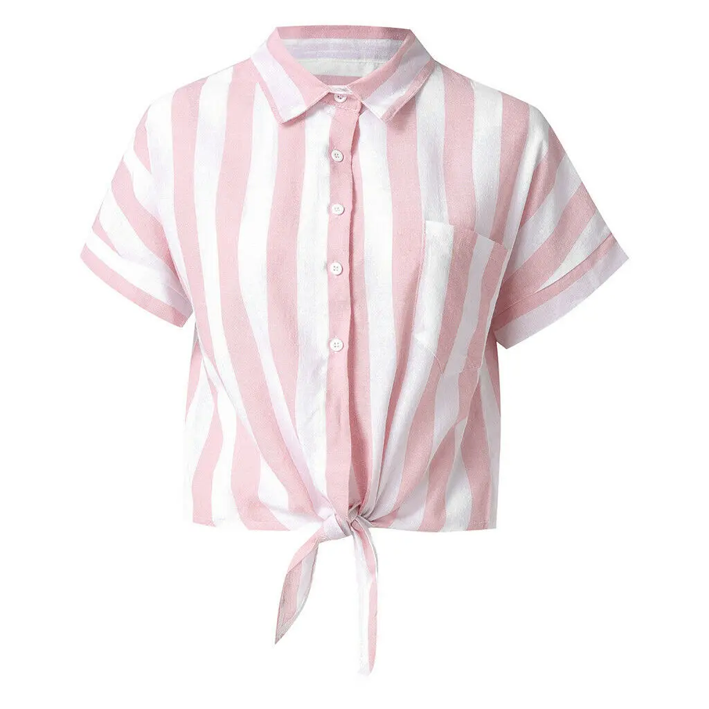 Женская рубашка на пуговицах в полоску Летняя Повседневная с коротким рукавом