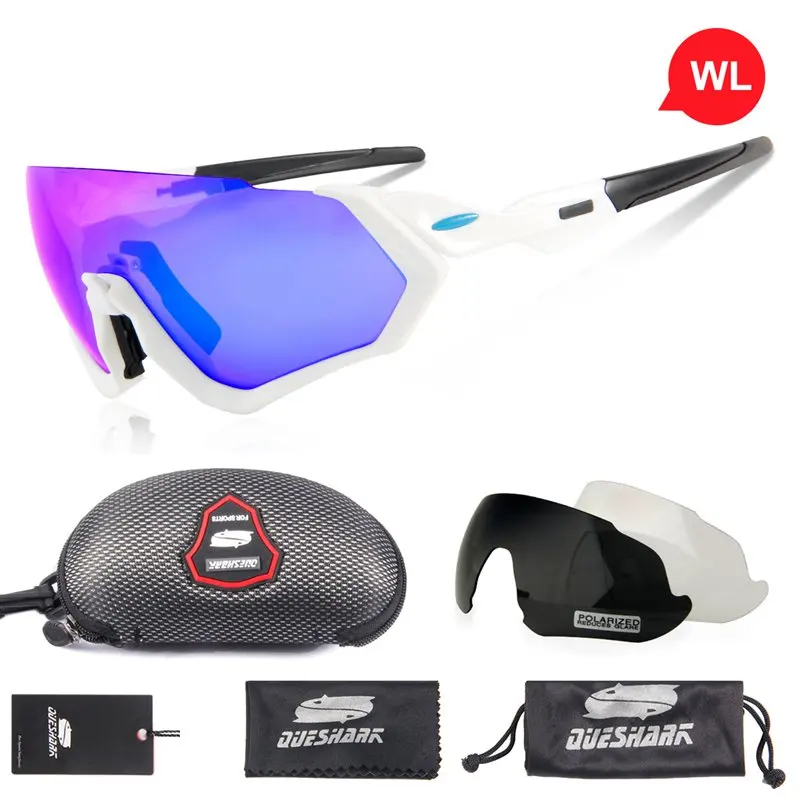 White Blue Queshark, профессиональные,, Новое поступление, 3 линзы/набор, поляризованные очки для рыбалки, велосипедные очки, гоночные очки, уличные спортивные солнцезащитные очки - Color: White Blue