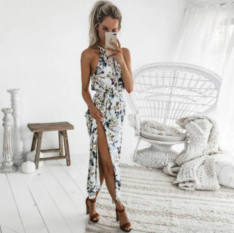Boho Цветочный принт ремни длинное платье Для женщин пикантные спинки Летний пляж