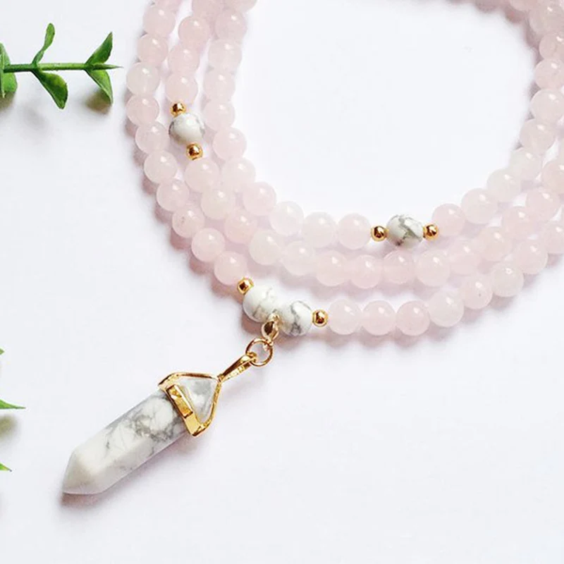 Розовые ювелирные изделия роза бусы Q uartz Mala ожерелье с подвеской Howlite в японском