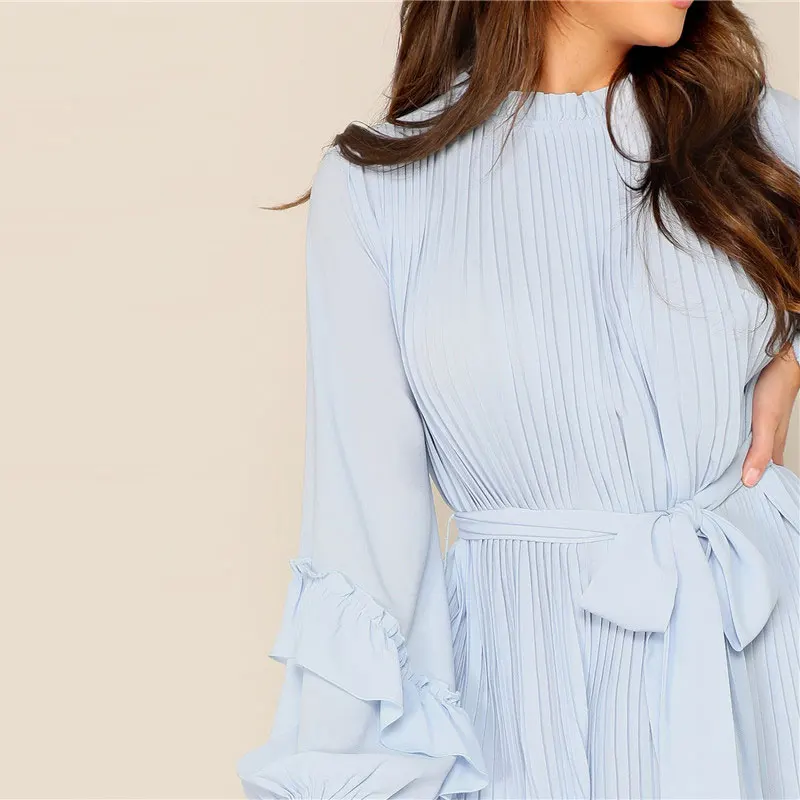 SHEIN Плиссированное Платье Со Стоячим Воротником Поясом И Оригинальным Рукавом Однотонное Платье В Складку С Оборкой