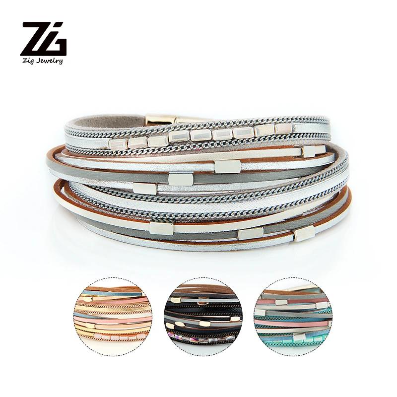 ZG длинный Многослойный кожаный браслет для женщин Модный Кристалл Стразы бусины