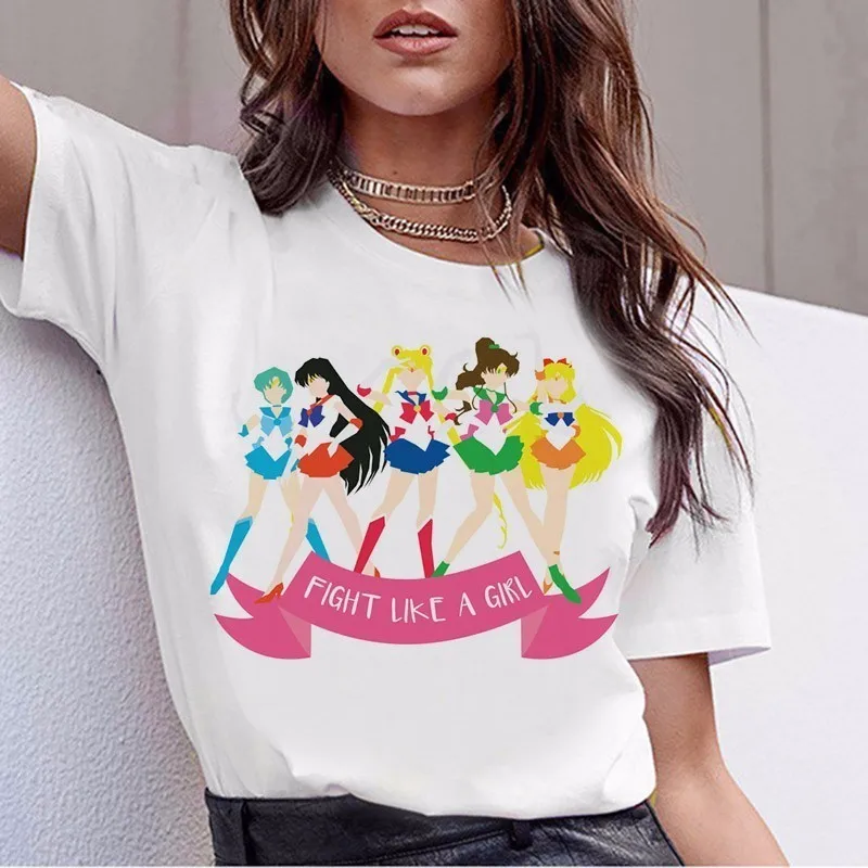Матросская футболка с Луной женские kawaii Модные женские футболки в стиле Харадзюку футболка Эстетическая футболка Ulzzang Милая футболка с котом топ с рисунком