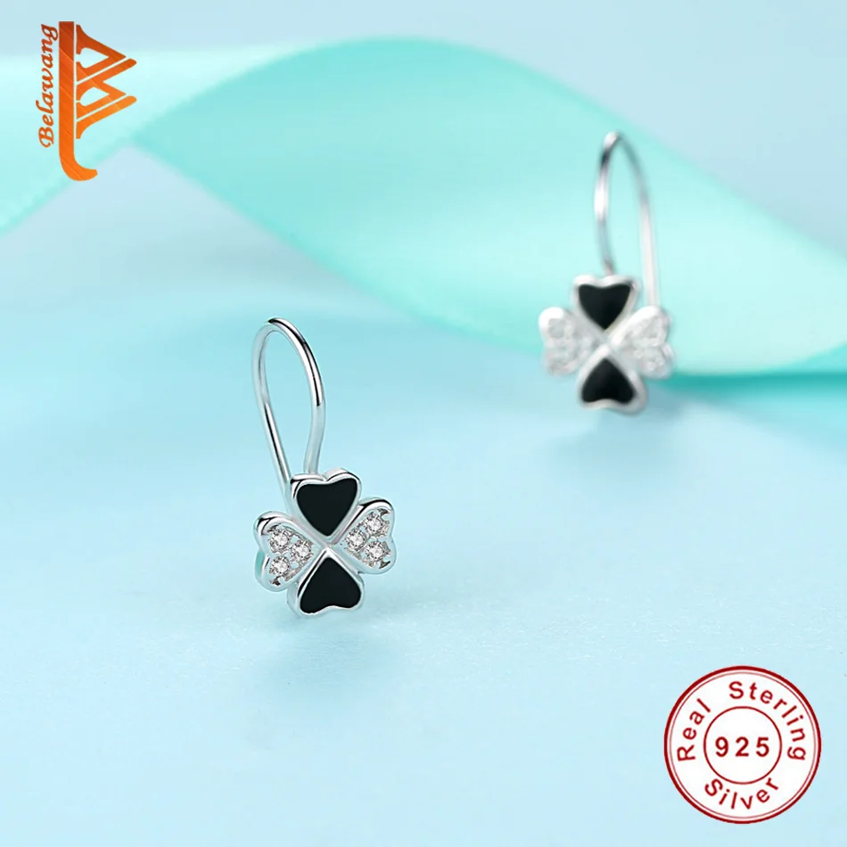 Wholesale 925 Sterling Silver Hoop Earrings Black Enamel Four-leaf clover Hoop Earrings For Women Silver Jewelry Gift