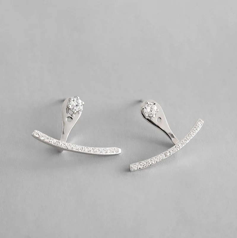 Genuine 100% 925 Sterling Silver Bling double-faced CZ Small Arc Stud Earrings for Women Jewelry | Украшения и аксессуары