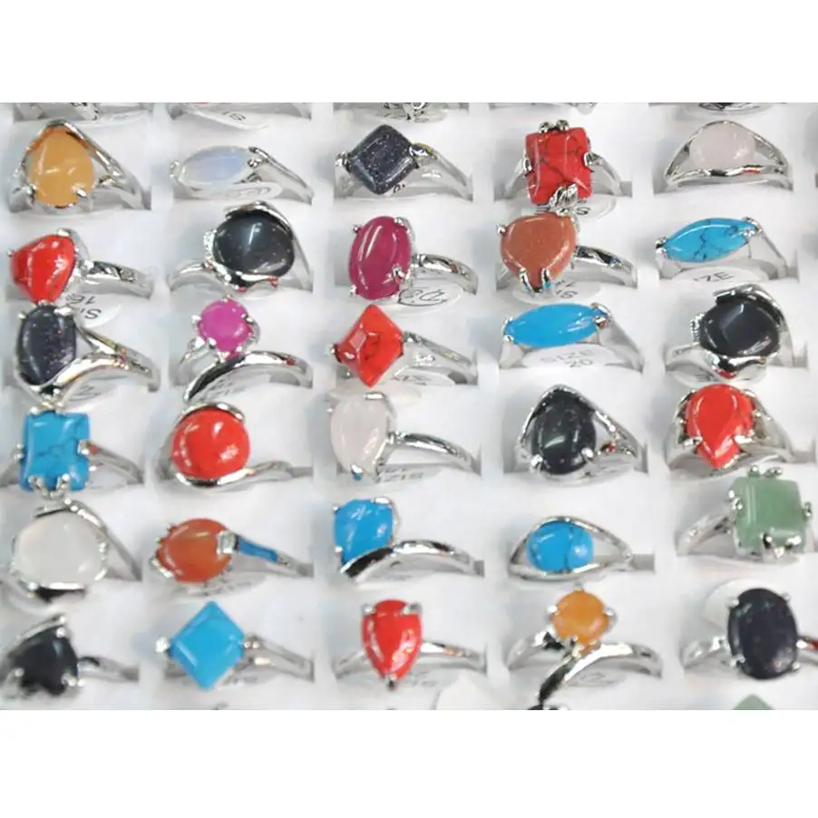 

Wholesale 10Pcs Mixed Natural Stone Ring Silver Color Vintage Tibetan Natural Stone Rings Jewelry Hot Selling For Woman 16-20
