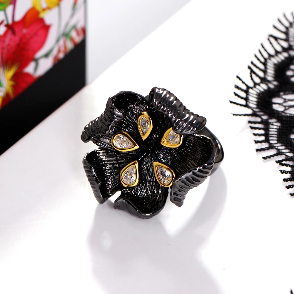 Цветок Черное кольцо ювелирные изделия Анель aneis anillos bague femme женские модные ювелирные изделия винтажные Женские коктейльные кольца