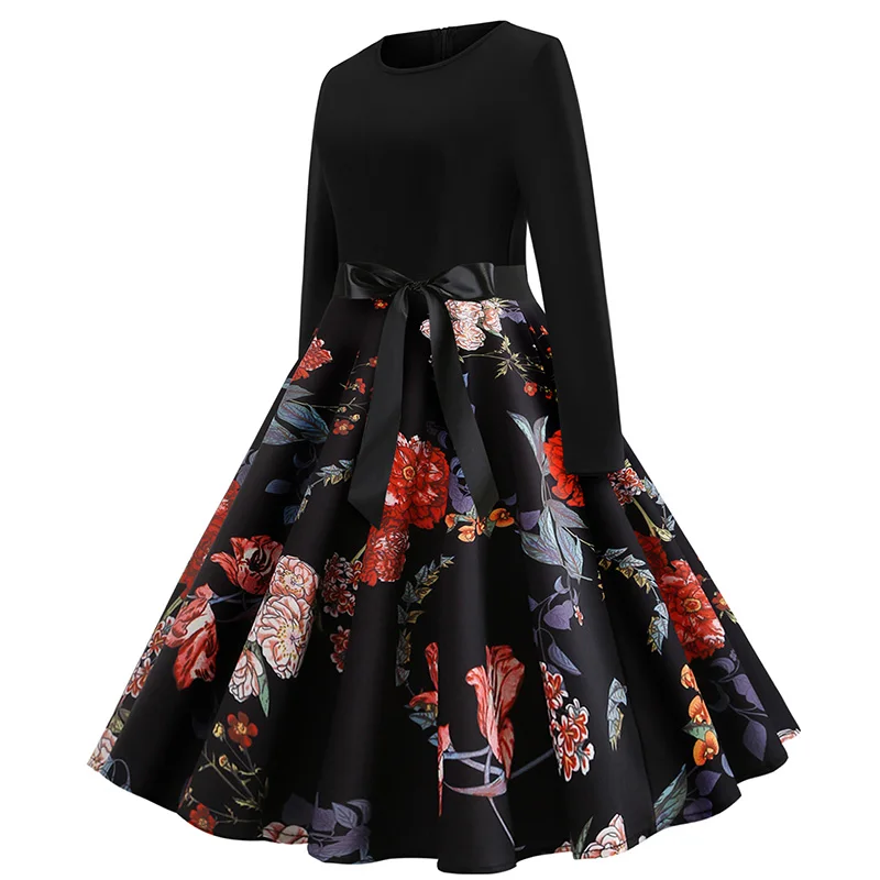 Vestido Цветочные женские миди винтажные Расклешенные платья 3/4 рукава с высокой