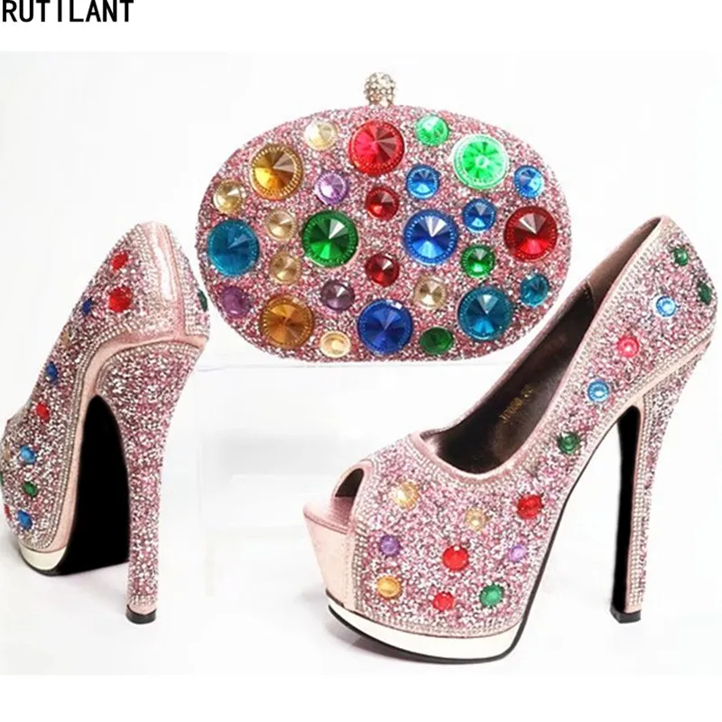 Последние Дизайн Итальянская обувь с Комплект сумочкой в тон со стразами