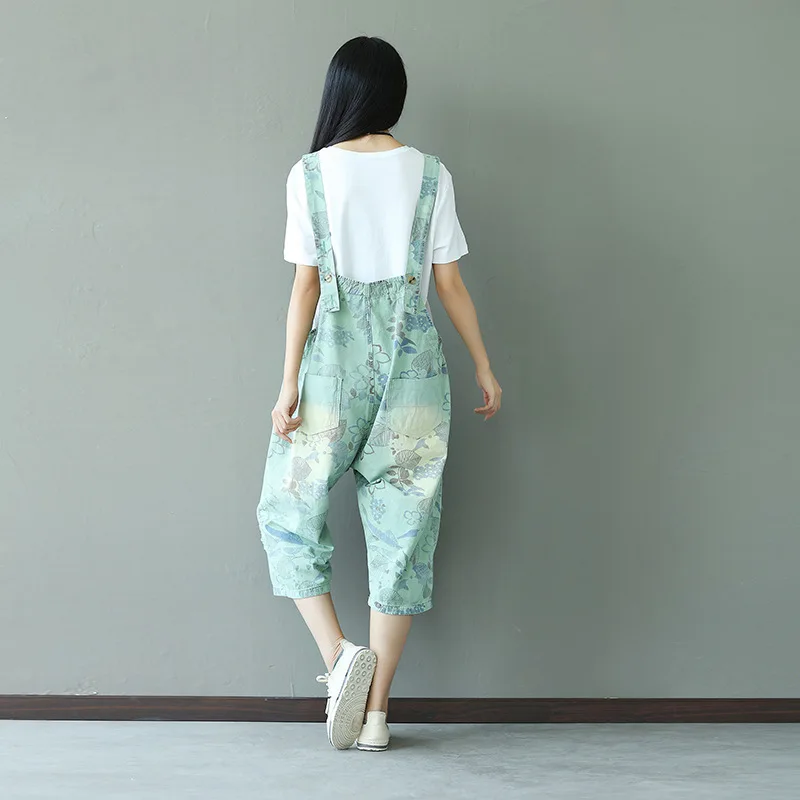 OSOL 2018 New Denim Jumpsuits Pocket Rompers Stripped Loose Women Fashion Casual Overalls Printed old style Japanese |