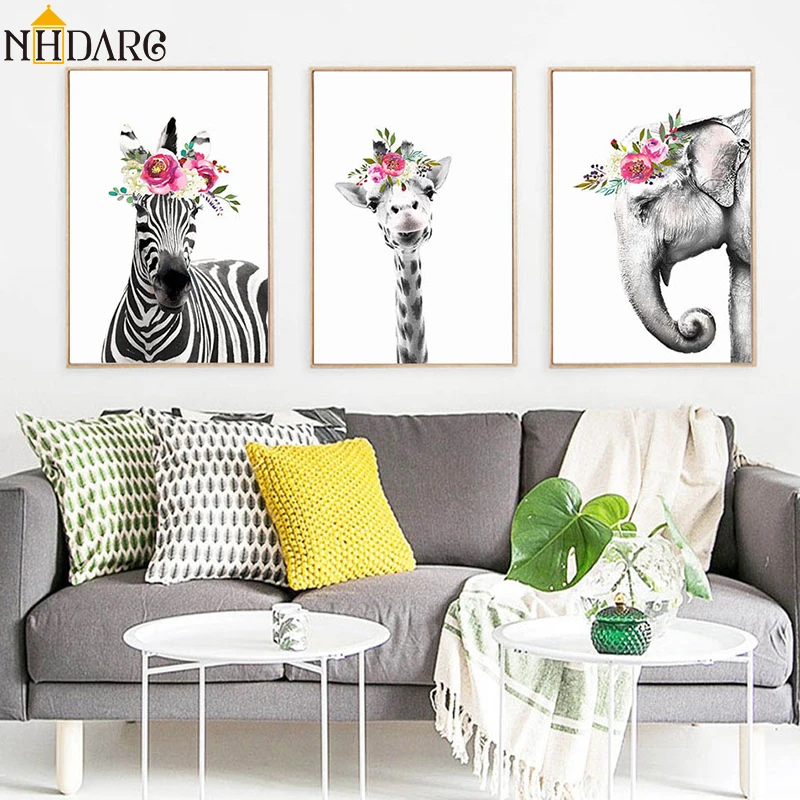 

Nordic Flower Animals Zebra Giraffe Elephant Girl Boy Room Decoration Canvas Print Painting Poster Art Wall Pictures Home Decor
