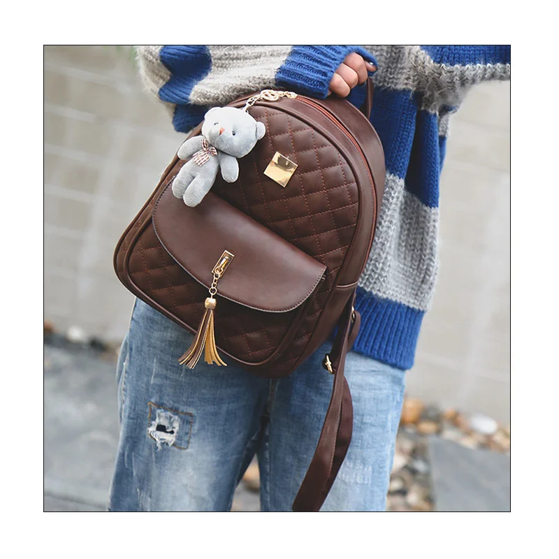 Women Small Vintage Backpack Women's Bag Set Waterproof Retro Bear Pendant Bags Set Of 3 Female Luxury Cute Leather Backpacks