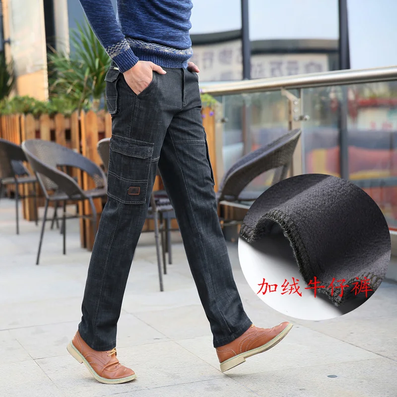 

2019 Fleece Warm Winter Cargo Pants Denim Jeans Men Casual Multi-pocket Jeans Brand Men's Clothes Military 338