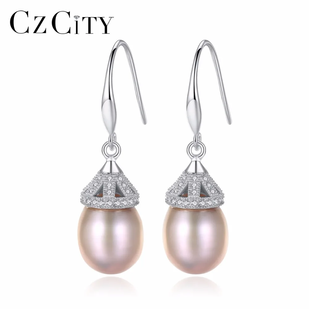 

CZCITY Pure Natural Pearl Earrings 10-11mm Freshwater Drop Pearls 925 Sterling Silver Dangle Earrings Fine Jewelry Gift for Wome