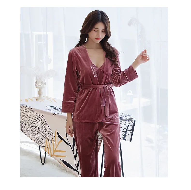 Fdfklak pijama mujer, сексуальное женское белье, комплект из 3 предметов, женский зимний пижамный комплект, золотой бархатный теплый Пижамный костюм, Дамская пижама, пижама