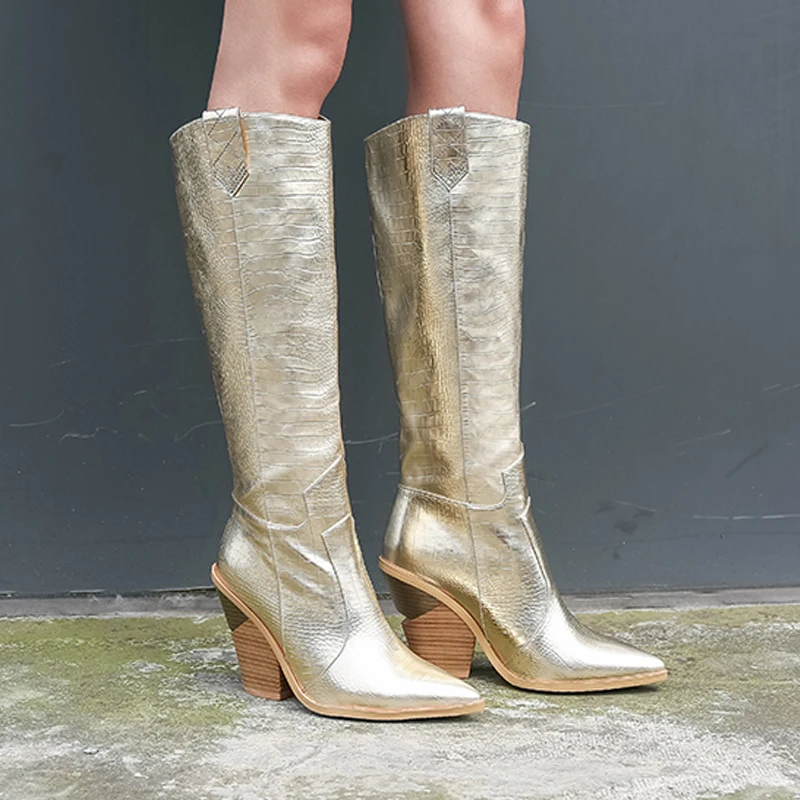 WETKISS Plus Size 46 Knee High Western Boots Women Cowboy Boot Female Pointed Toe Sexy Shoes 11 Colors High Heels Shoes Winter