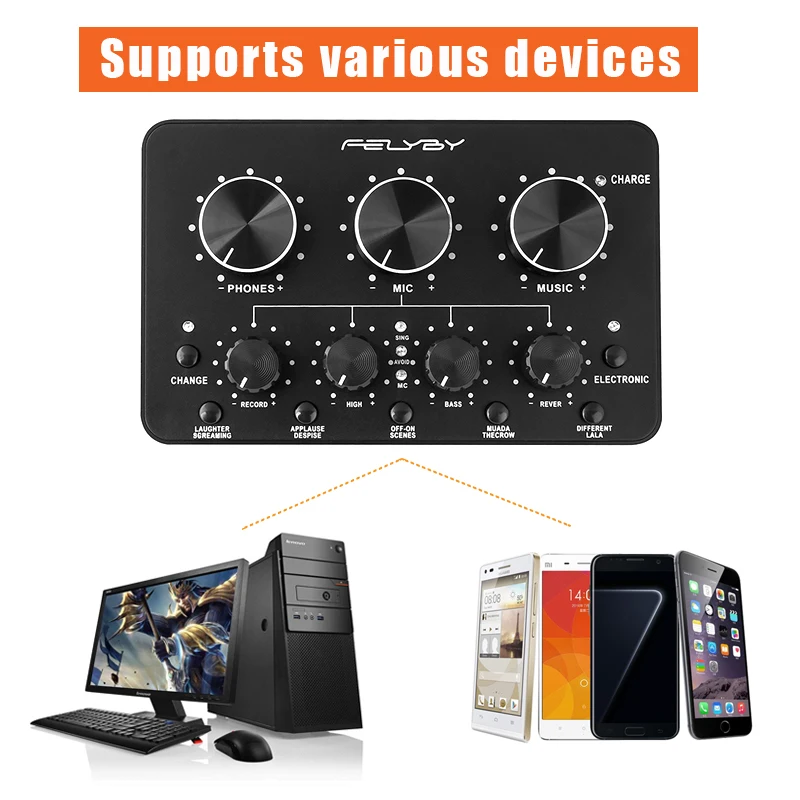 

FELYBY Professional Multi-function Microphone Live Sound Card Support Mobile Phone And Computer