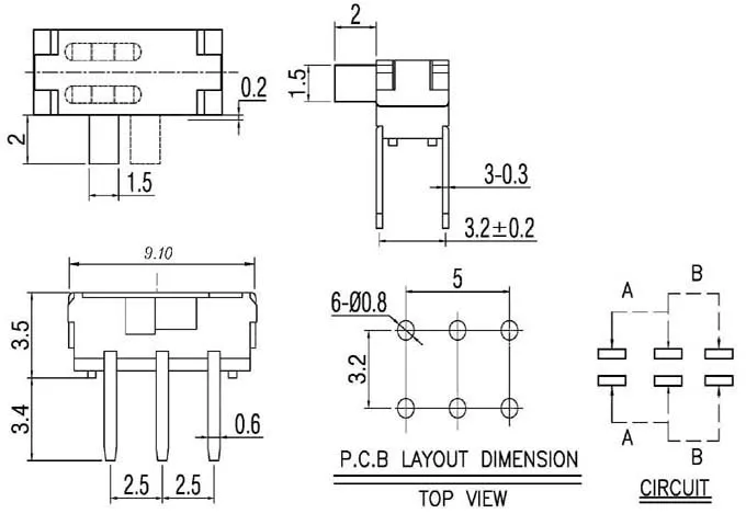 

1000 pcs Miniature Slide Switch 6 Pin 2P2T DPDT ON-ON Right Angle Through Hole DIP Solder PCB 2.00mm Knob Height