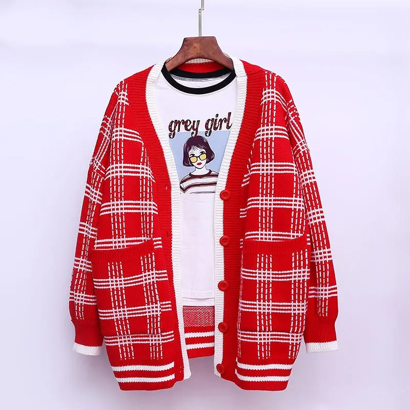 Spring and Autumn 2019 New Women's V-neck Plaid Sweater Korean Loose Long-sleeved Small Fresh Cardigans YP133 |