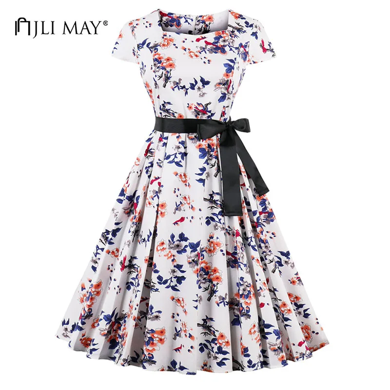 JLI MAY Vintage summer party dress women 50s floral hepburn belted square collar midi short sleeve woman clothes elegant dresses | Женская