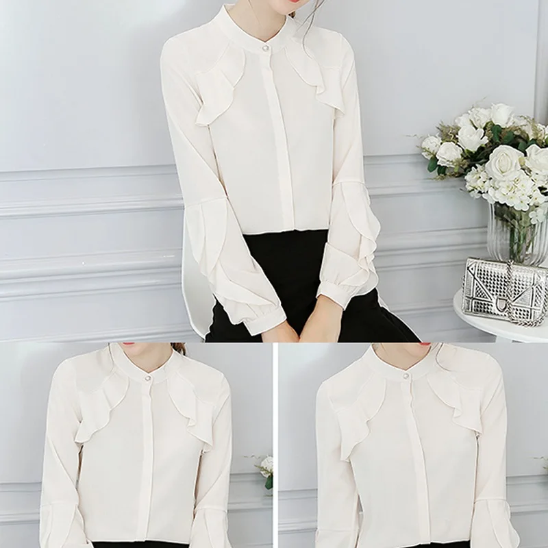 

new Fashion Long Sleeve Slim Work Blouses Office Ladies Butterfly Long Sleeve Slim Work Blouses Stand Collar Causal Chiffon Tops